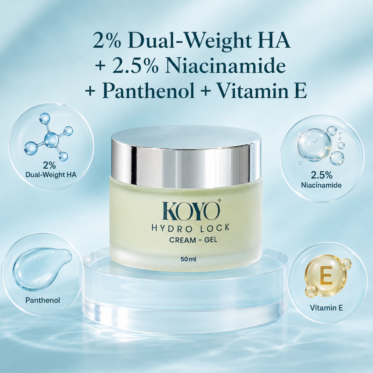 Koyo Hydro Lock Creme Gel with 2% dual-weight HA, 2.5% niacinamide, panthenol and vitamin E